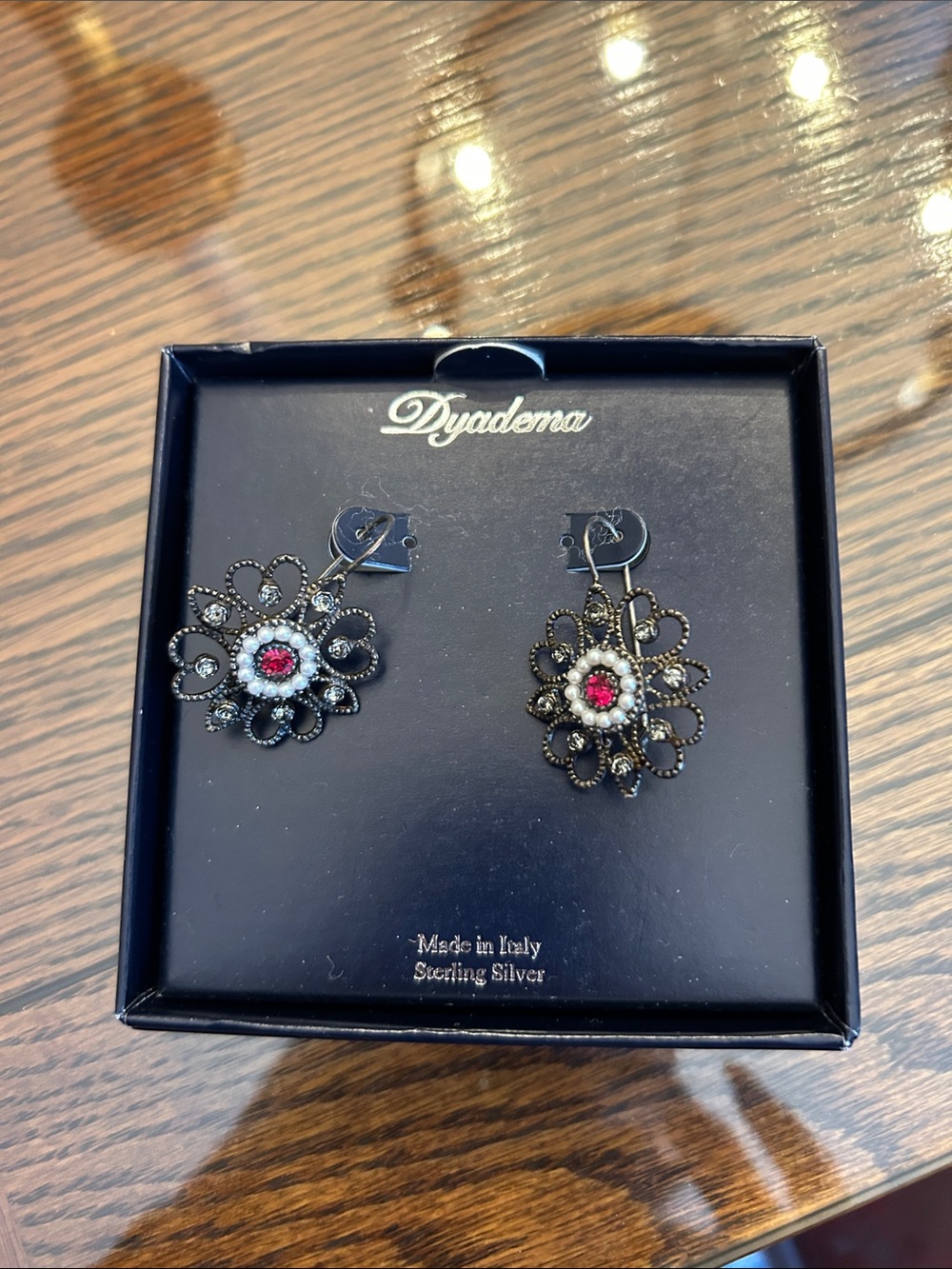Dyadena Sterling Silver Floral Drop Earrings with Pink Center